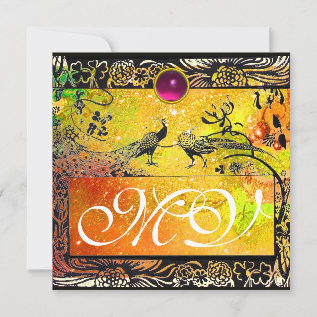 Faire-part MARIAGE OISEAUX DE L'AMOUR MONOGRAMME noir jaune r (Devant)