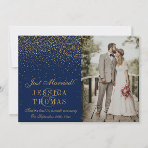 Faire-part Mariage photo bleu marine et confettis or glamour