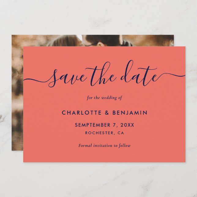 Faire-part Mariage photo Elegant Marine Blue et Coral Mariage (Devant / Derrière)