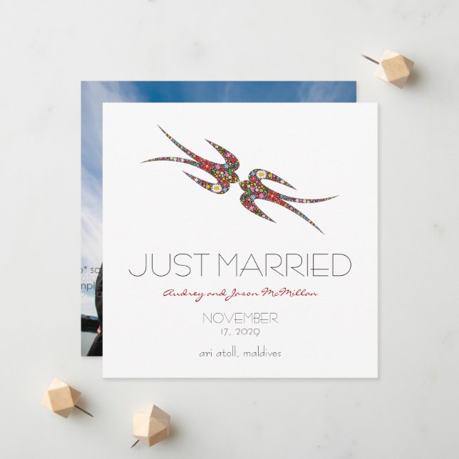 Faire-part Mariage photo Kissing Swallow & Spring Flowers (Devant/Arrière en situation)