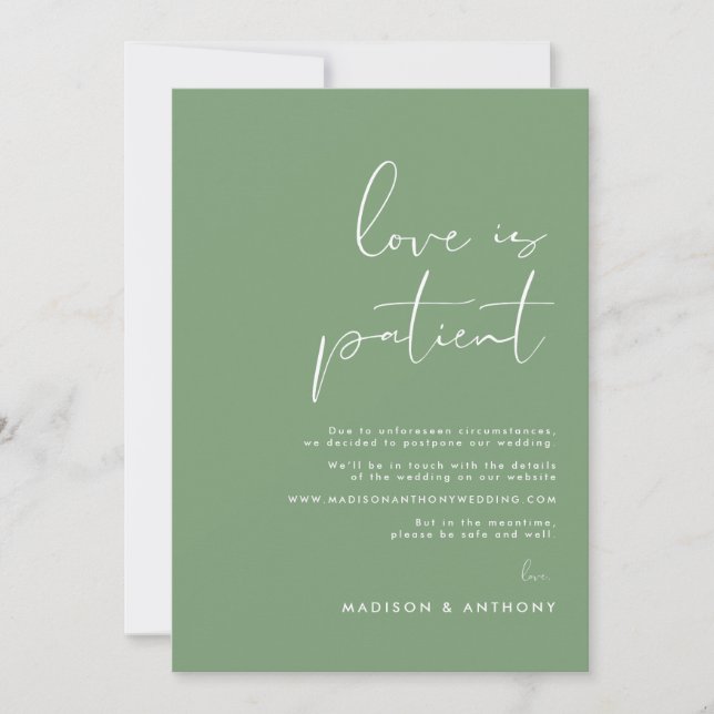 Faire-part Mariage photo minimaliste Sage Green Postponton (Devant)
