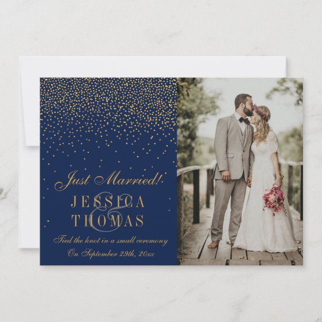 Faire-part Mariage photo Navy Blue & Glam Gold Confetti (Devant)