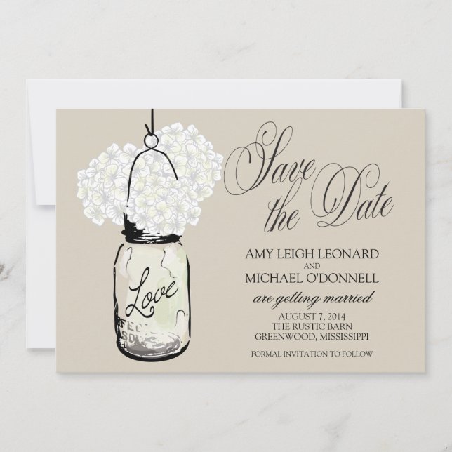 Faire-Part Mariage Rustique Pot Mason Hydrangee (Devant)