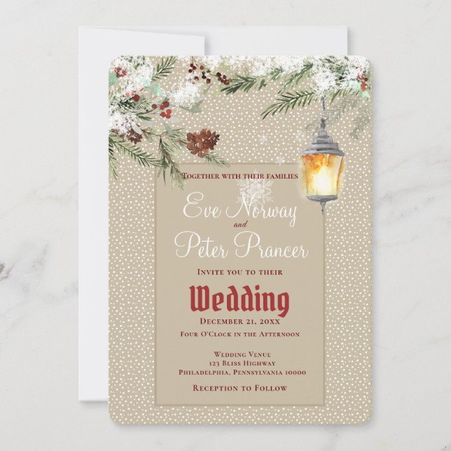 Faire-part Mariage simple d'hiver avec lanterne et feuillage (Devant)