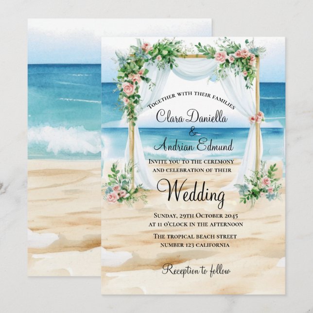 Faire-part Mariage sur la Plage Aquarelle Mariage  (Devant / Derrière)