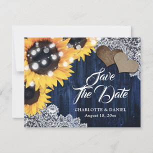 Faire-part Mariage Tournesol Nuit Bleu Bois Dentelle