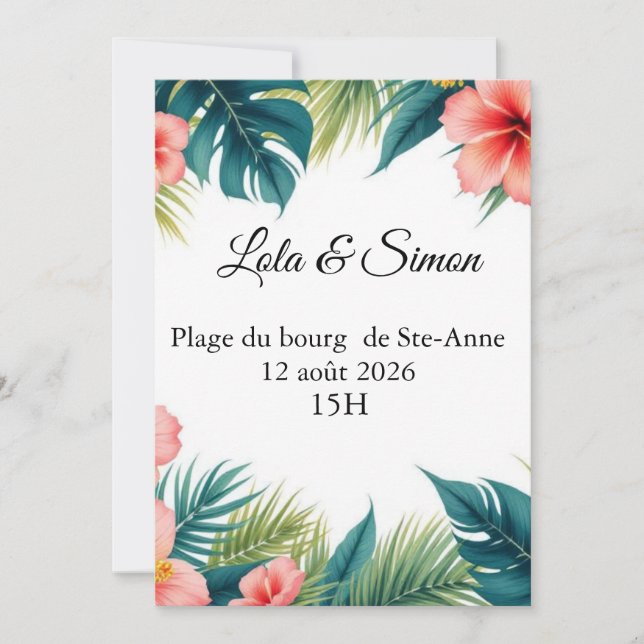 Faire-part mariage tropical – Hibiscus et feuilles (Devant)