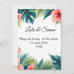 Faire-part mariage tropical – Hibiscus et feuilles