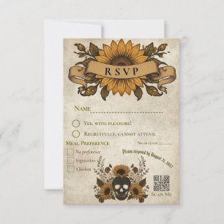 Faire-part Mariage Vintage Halloween Crâne Tournesol Gothique