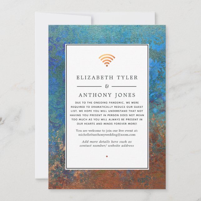 Faire-part Mariage Virtuel Grunge Cuivre Patine & Turquoise (Devant)