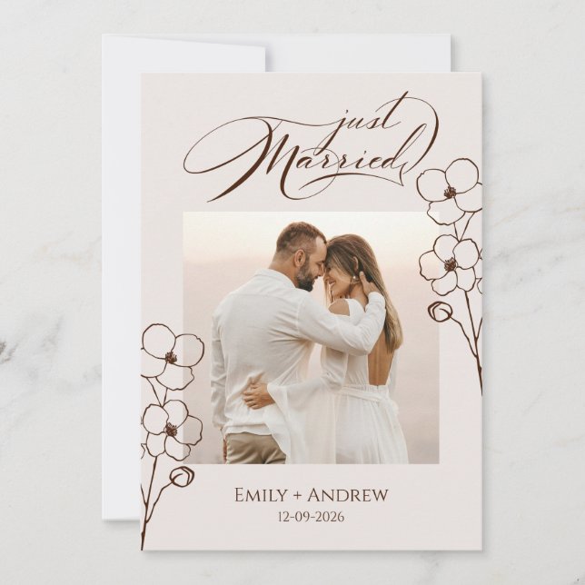 Faire-part Mariés Floral Calligraphié Sable Photo (Devant)