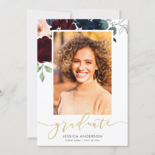 Faire-part Marine Bleu Bourgogne Floral Photo Graduation