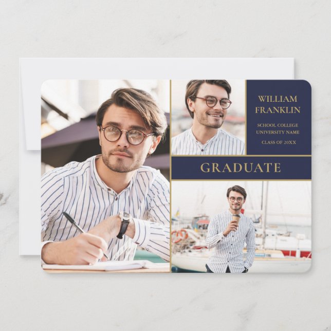 Faire-part Marine Blue Gold 3 Photo Collage Annonce de gradua (Devant)