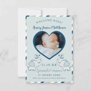 Faire-part Marine Blue & Mint Elephant Baby Boy Photo Birth