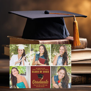 Faire-part Maroon Gold Graduate Photo Collage Chic Graduate