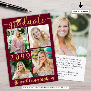 Faire-part Maroon Gold Script 5 Photo Gradué