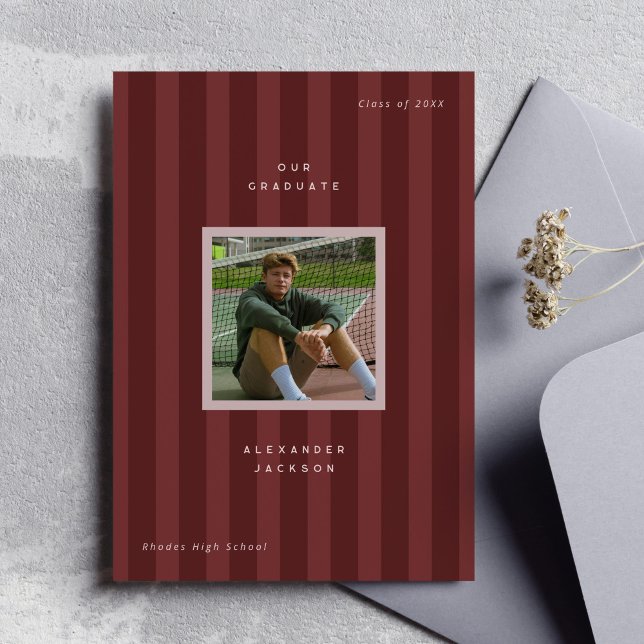 Faire-part Maroon Sporty Stripes Graduation Photo  (maroon red sporty stripes modern graduation photo announcement card)