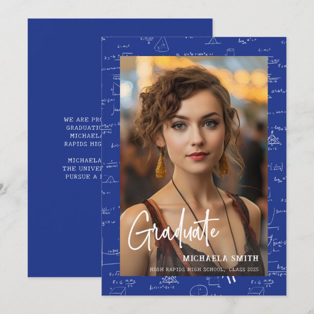 Faire-part Mathématiques Bleues Moderne Script Photo Message  (Devant / Derrière)