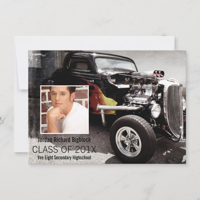 Faire-part Mécanique Étudiant V8 Emblème Photo Grad (Devant)