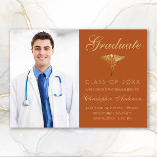 Faire-part Médicale Orange Gold Caduceus Photo Graduation