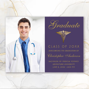 Faire-part Médicale Purple Gold Caduceus Photo Graduation