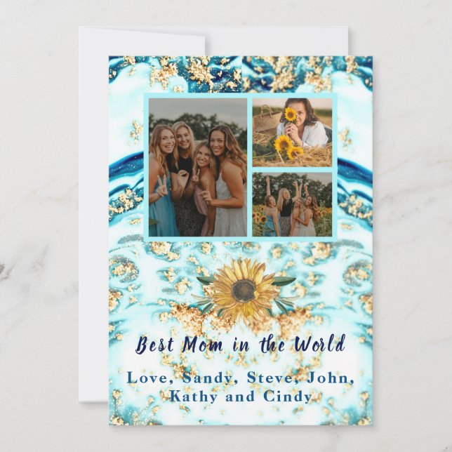 Faire-part Meilleure mère Ever 4 Photo Collage Marbre Bleu (Devant)