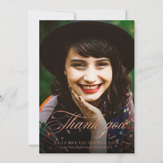 Faire-part Merci Feuille de cuivre Classy Script Grad Photo (Devant)