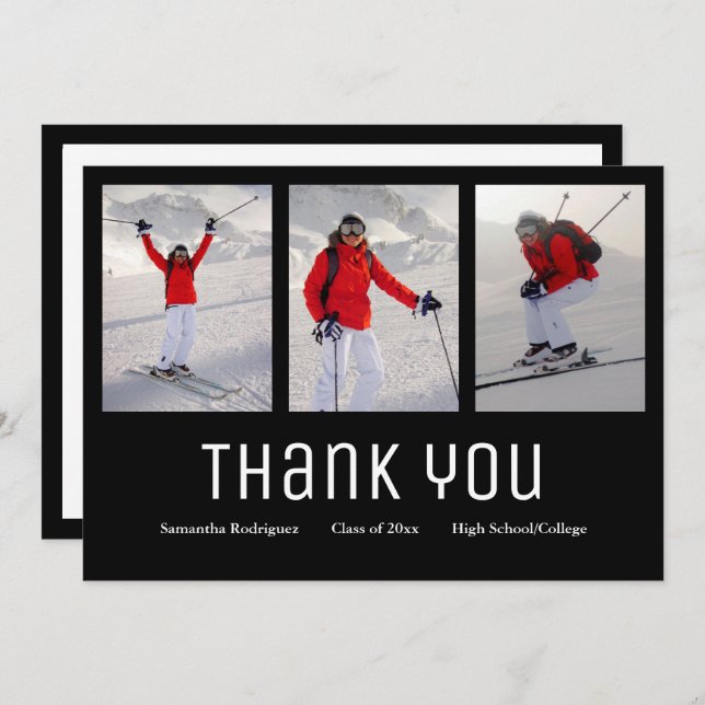 Faire-part Merci Moderne 3 Photo Noir Blanc (Devant / Derrière)