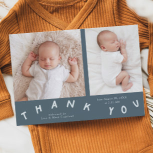 Faire-part Merci Typographie Ardoise Bleu Photo de naissance