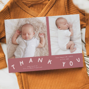 Faire-part Merci Typographie rose photo de naissance