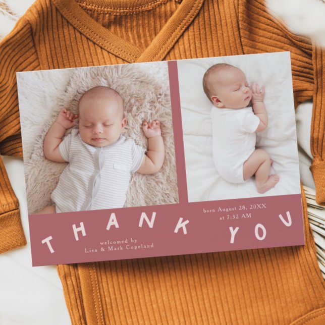 Faire-part Merci Typographie rose photo de naissance (Créateur téléchargé)