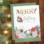Faire-part Merry Christmas from New Home Gold Green Moving<br><div class="desc">Elegant Holiday moving announcement card with decorative typography and festive floral borders. The design features poinsettia, pine cones, white roses, winter berries, cotton, eucalyptus and sprigs of fir. The wording reads "merry christmas from our new home" and you can edit this to read "from my new home" if required. Merry...</div>