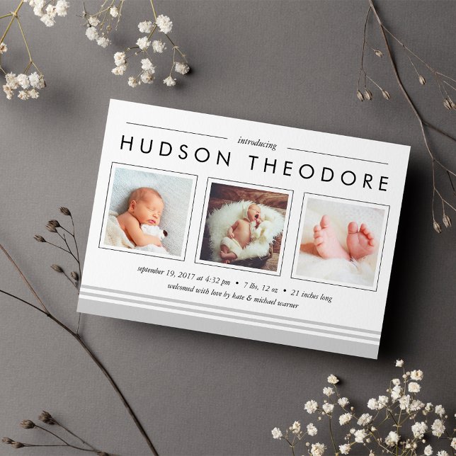 Faire-part Metro Stripe Birth Announcement | Gray (Créateur téléchargé)