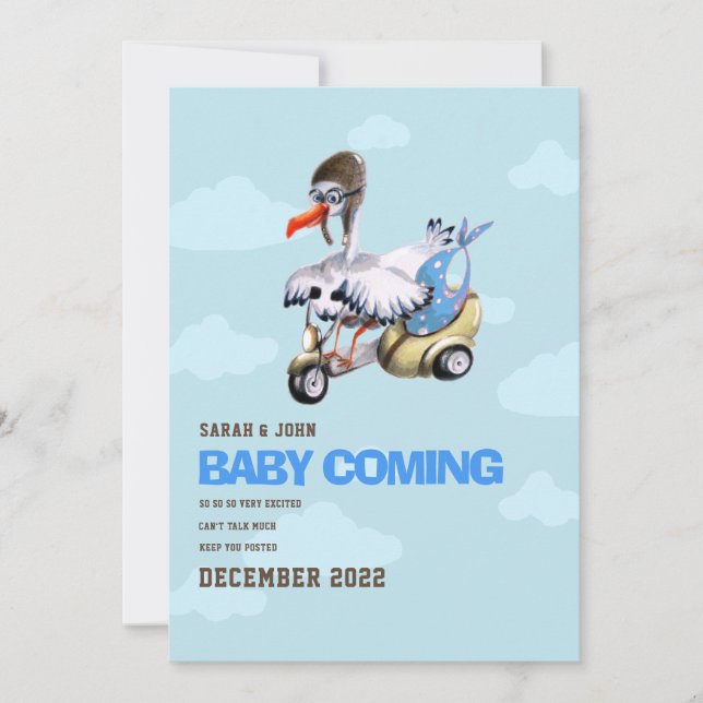 Faire-part Mignonne Bleu Oiseau Scooter Bébé Garçon Grossesse (Devant)
