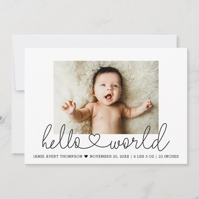 Faire-part Mini photo bébé Hello World Écriture cardiaque mod (Devant)
