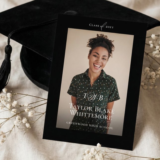 Faire-part Minimal Elegant Monogram Black Graduation Photo (Minimal Elegant Monogram Black Graduation Photo Announcement)