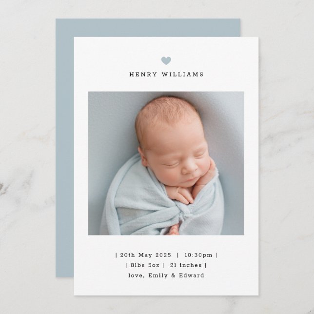Faire-part Minimalist Blue Heart Boy Birth Announcement (Devant / Derrière)