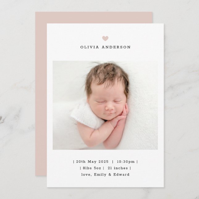 Faire-part Minimalist Pink Heart Girl Birth Announcement (Devant / Derrière)
