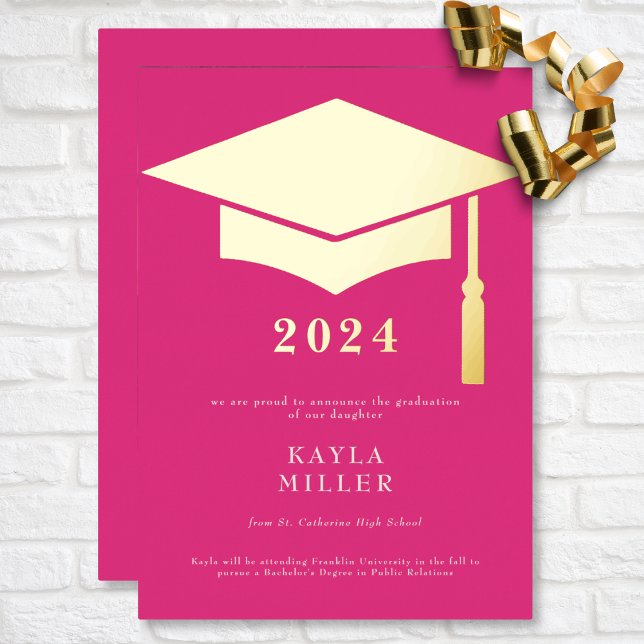 Faire-part minimum Hot rose blanc or Casquette Gra (Minimal Hot Pink & White Gold Cap Graduation Foil Invitation)