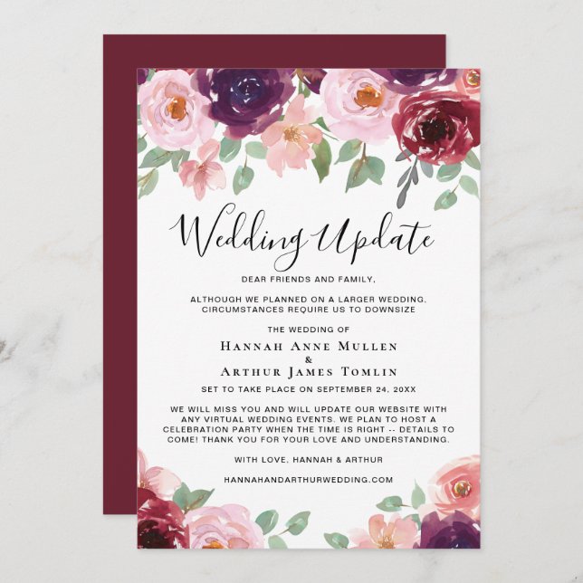 Faire-part Mise à jour de mariage intimiste aquarelle florale (Devant / Derrière)
