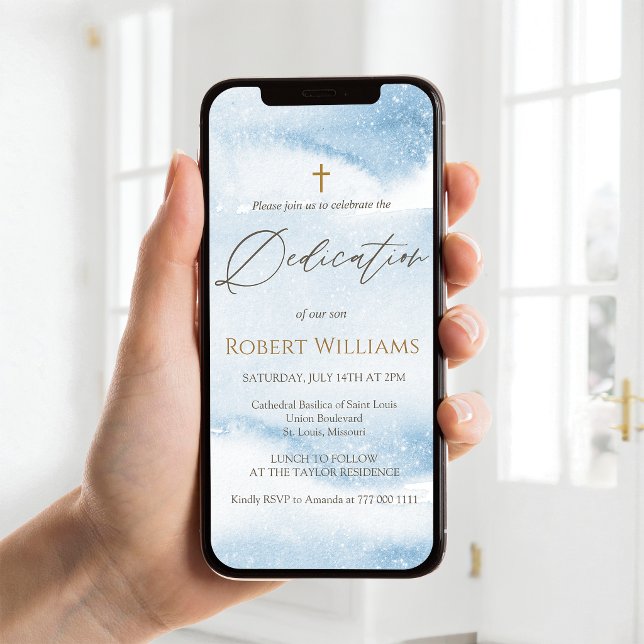 Faire-part mobile de dédicace de bébé garçon à l'a (Blue Watercolor Baby Boy Dedication Mobile Invite)