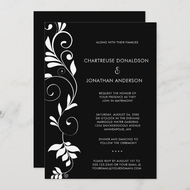 Faire-part Modern Black with White Botanical Vines Wedding | (Devant / Derrière)
