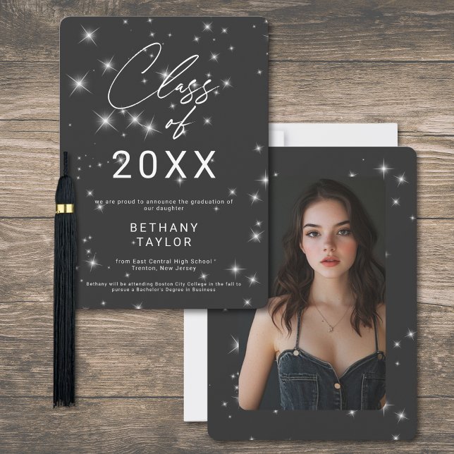 Faire-part Modern Charcoal Black & White Sparkle Graduation (Modern Charcoal Black & White Sparkle Graduation Announcement)