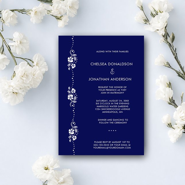 Faire-part Modern Chic Minimal White Floral Navy Blue Wedding (Créateur téléchargé)