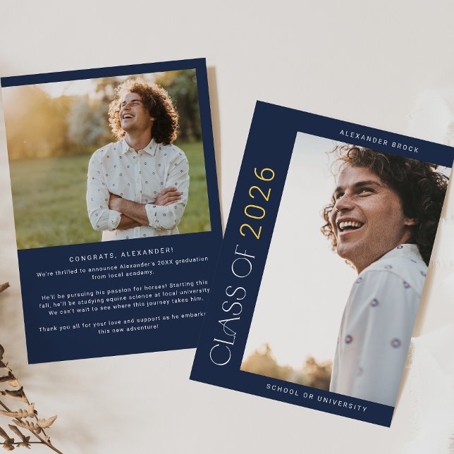 Faire-part Modern Fete Marine Gold 2025 Diplôme photo (Modern Fete Navy Gold 2026 Photo Graduation Announcement)