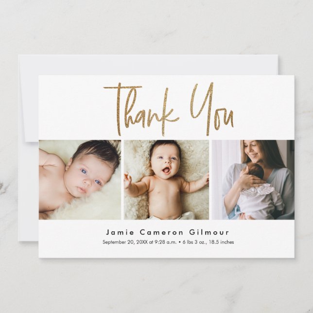 Faire-part Modern Gold Script Newborn Baby Photo Collage (Devant)