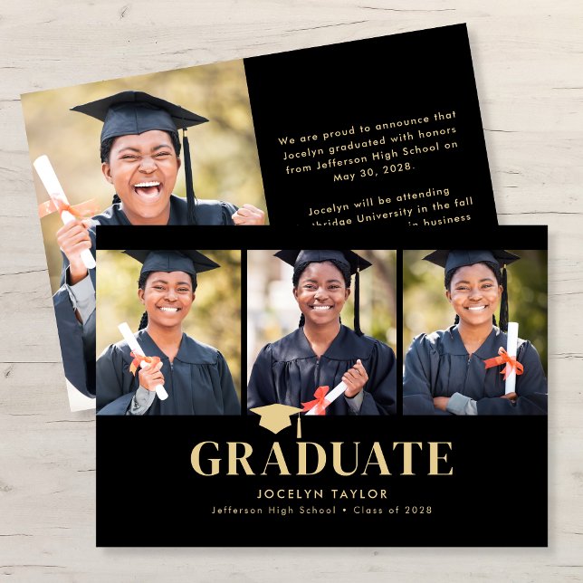 Faire-part Modern Graduate Elegant Black 4 Photo Graduation (Créateur téléchargé)