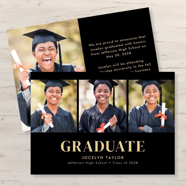 Faire-part Modern Graduate Elegant Black 4 Photo Graduation (Créateur téléchargé)