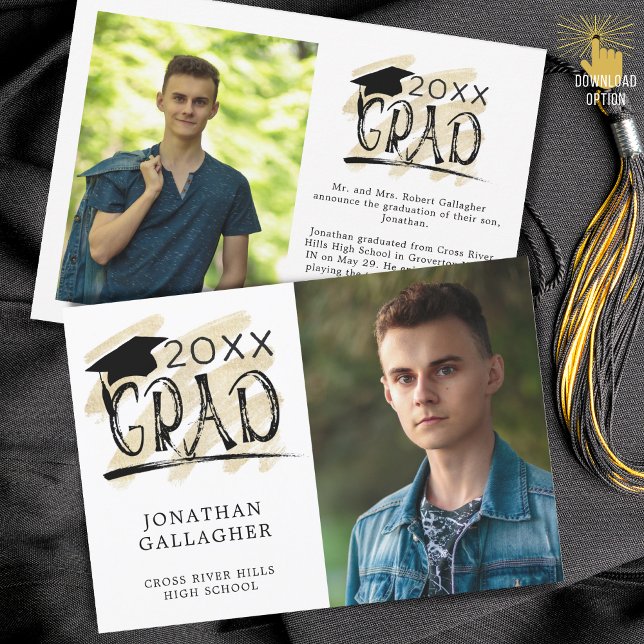 Faire-part Modern Graduation Brush Typography Grad 2 Photos (Créateur téléchargé)