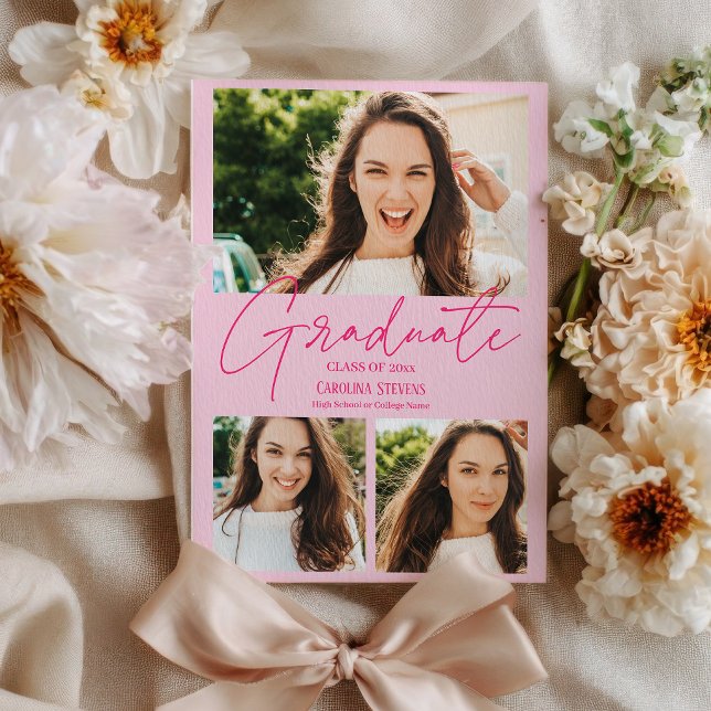 Faire-part Modern hot pink 3 photos collage graduation (Modern hot pink 3 photos collage graduation announcement)